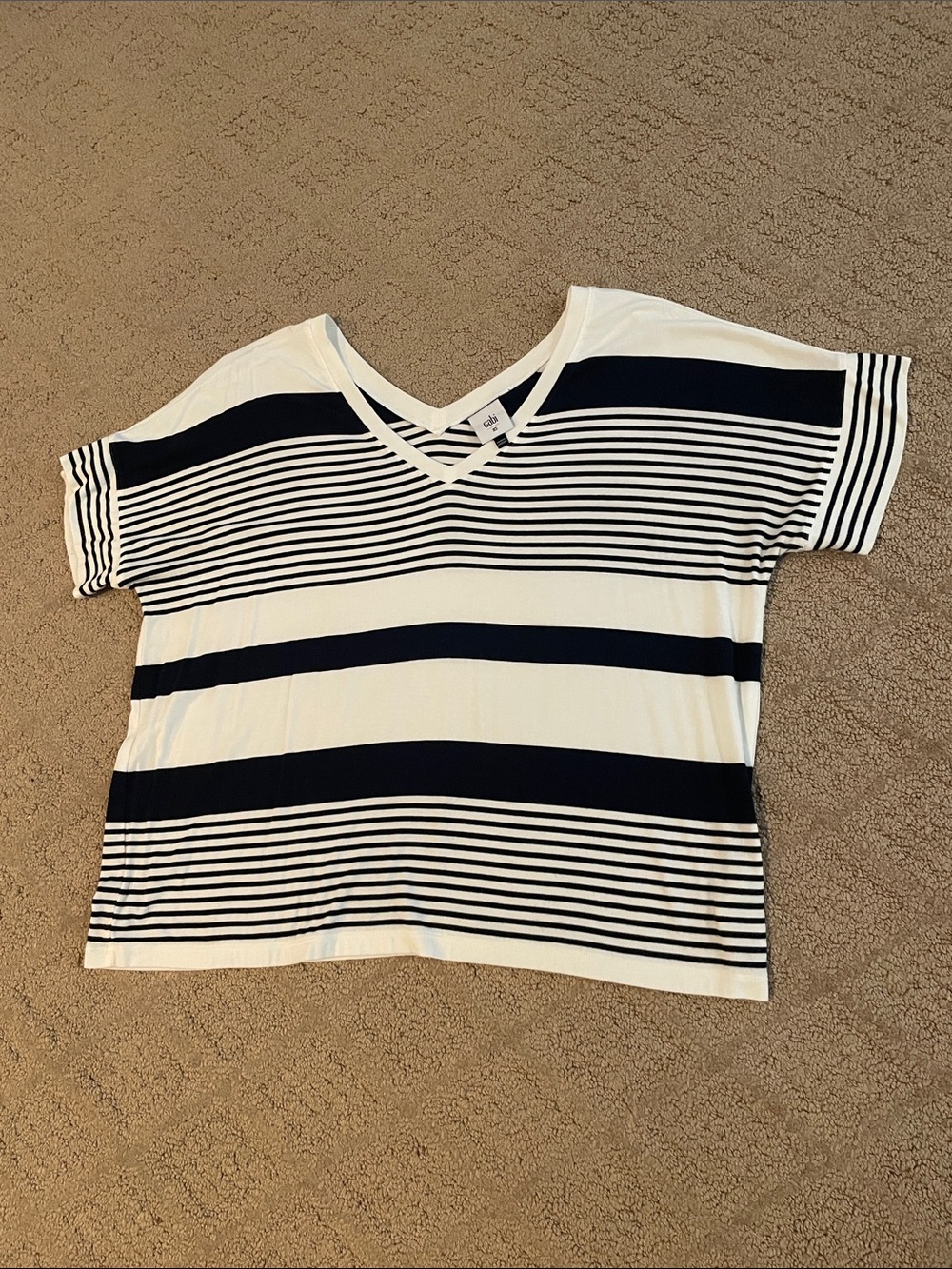 CAbi Navy and White Striped V-Neck Short Sleeve Tee